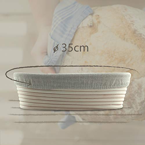 Cesta de Fermentación (ovalada, Ø 35 cm) y Rascador de Masa - Estribos de Acero Inox - Banneton para Pan - Ratán Natural - Cuenco para Masas con Paño de Lino