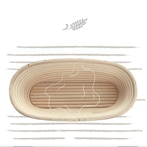 Cesta de Fermentación (ovalada, Ø 35 cm) y Rascador de Masa - Estribos de Acero Inox - Banneton para Pan - Ratán Natural - Cuenco para Masas con Paño de Lino
