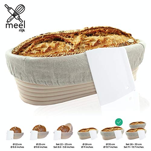 Cesta de Fermentación (ovalada, Ø 35 cm) y Rascador de Masa - Estribos de Acero Inox - Banneton para Pan - Ratán Natural - Cuenco para Masas con Paño de Lino