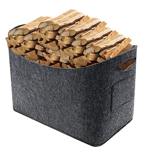 Cesta para Leña, Bolsa de Fieltro con Asa 54 x 39 x 40 cm, Ideal para Guardar Juguetes, Madera, Artículo de Compr, Periódicos (Gris Oscuro)