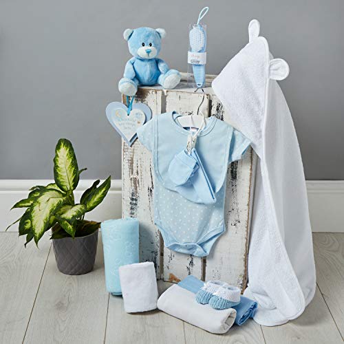 Cesta Regalo Bebé Niño Color Azul - Con Manta de Forro Polar, Toalla con Capucha, Ropa Bebé, 2 Muselinas Bebé y Osito de Peluche