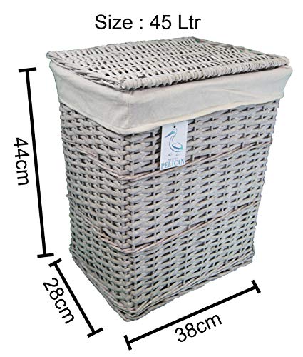 Cestas de mimbre para la colada y el lavado, en color gris y blanco, forro extraíble lavable, solución de almacenamiento natural, ropa, baño o dormitorio, ratán y mimbre, Gris, Rectangular 45 ltr