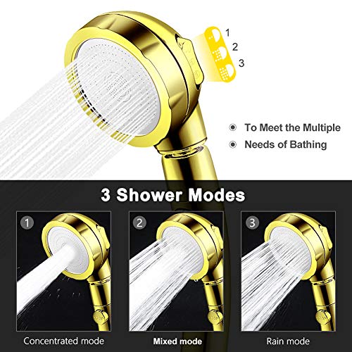 CestMall - Alcachofa de ducha manual de 3 modos de alta presión, universal, con pausa de encendido/apagado/pulverizador de rotación de 360 ° para ducha de baño, color dorado