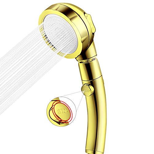 CestMall - Alcachofa de ducha manual de 3 modos de alta presión, universal, con pausa de encendido/apagado/pulverizador de rotación de 360 ° para ducha de baño, color dorado