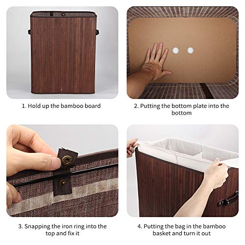 Cesto para la Colada de Bambú Cesto para Ropa Bambú 100 L Cestos para la Colada con Asas Cesta para Ropa Pelegable Saco extraíble para la Ropa Sucia con 2 Compartimentos Separados (Marrón oscuro)
