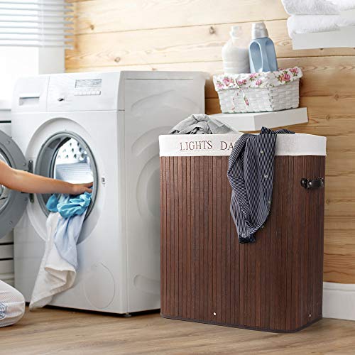 Cesto para la Colada de Bambú Cesto para Ropa Bambú 100 L Cestos para la Colada con Asas Cesta para Ropa Pelegable Saco extraíble para la Ropa Sucia con 2 Compartimentos Separados (Marrón oscuro)