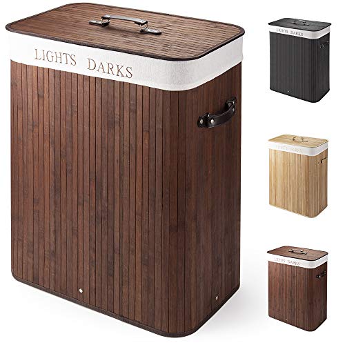 Cesto para la Colada de Bambú Cesto para Ropa Bambú 100 L Cestos para la Colada con Asas Cesta para Ropa Pelegable Saco extraíble para la Ropa Sucia con 2 Compartimentos Separados (Marrón oscuro)