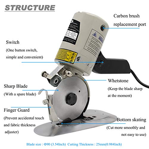 CGOLDENWALL YJ-90B Cortador de Tela Industrial Eléctrico Portátil丨30mm Grosor Máximo de Corte丨90mm Tamaño de Cuchilla丨Ideal para Textil Cuero Papel con Cuchilla Repuesto