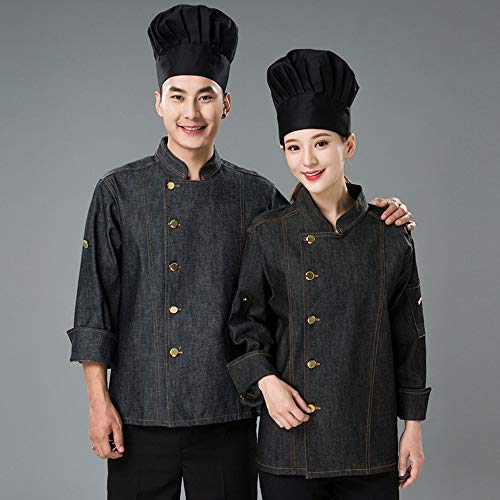 Chaqueta Cocinero de Manga Larga Uniforme de Chef Ropa de Cocina Vaquero Negro Azul M-3XL Transpirable Sin Desvanecimiento,Negro,L