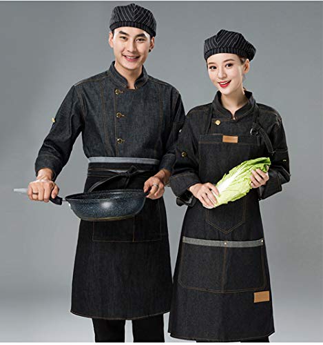 Chaqueta Cocinero de Manga Larga Uniforme de Chef Ropa de Cocina Vaquero Negro Azul M-3XL Transpirable Sin Desvanecimiento,Negro,L