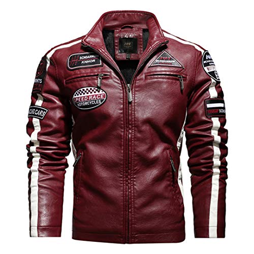 Chaqueta de Cuero para Hombre de Cuero de Motocicleta Hit Color Plus Velvet PU Chaqueta de Cuero para Hombre Chaqueta de Cuero Bordada 178-Red XXXL