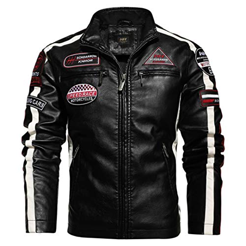 Chaqueta de Cuero para Hombre de Cuero de Motocicleta Hit Color Plus Velvet PU Chaqueta de Cuero para Hombre Chaqueta de Cuero Bordada 178-Red XXXL