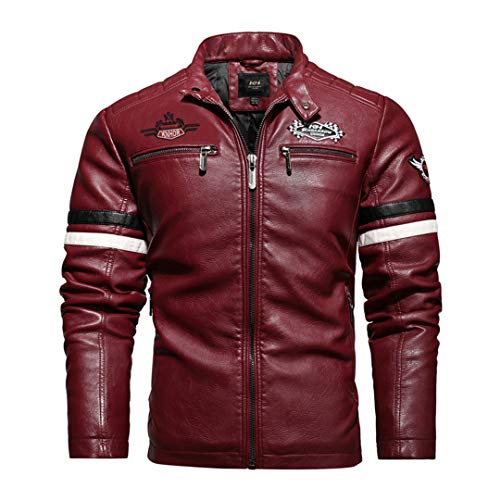Chaqueta de Cuero para Hombre de Cuero de Motocicleta Hit Color Plus Velvet PU Chaqueta de Cuero para Hombre Chaqueta de Cuero Bordada 178-Red XXXL