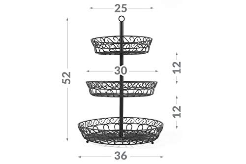 Chefarone frutero de 3 pisos - Cesta de frutas metálica para mostrador y organizador cocina – Fruteros de cocina negro estilo vintage – Para verduras y frutas frescas - Soporte de frutas con cuencos