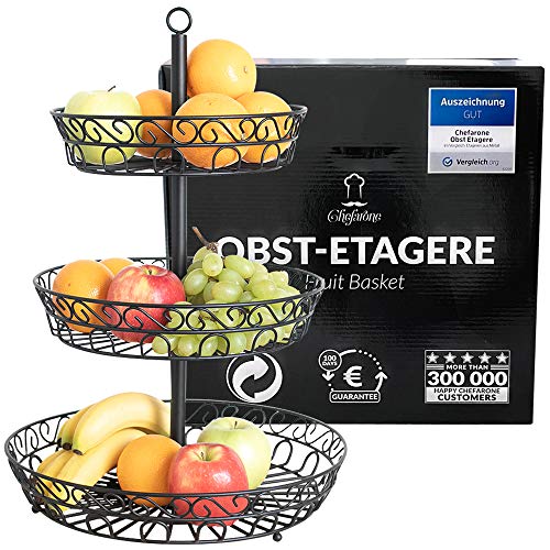 Chefarone frutero de 3 pisos - Cesta de frutas metálica para mostrador y organizador cocina – Fruteros de cocina negro estilo vintage – Para verduras y frutas frescas - Soporte de frutas con cuencos