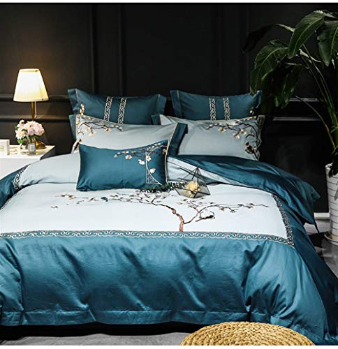 Chihen Nuevo Bordado Chino de Cuatro Piezas de Flores y pájaros 60 Funda de edredón de satén de algodón de Fibra Larga Ropa de Cama de algodón Transpirable