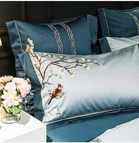 Chihen Nuevo Bordado Chino de Cuatro Piezas de Flores y pájaros 60 Funda de edredón de satén de algodón de Fibra Larga Ropa de Cama de algodón Transpirable