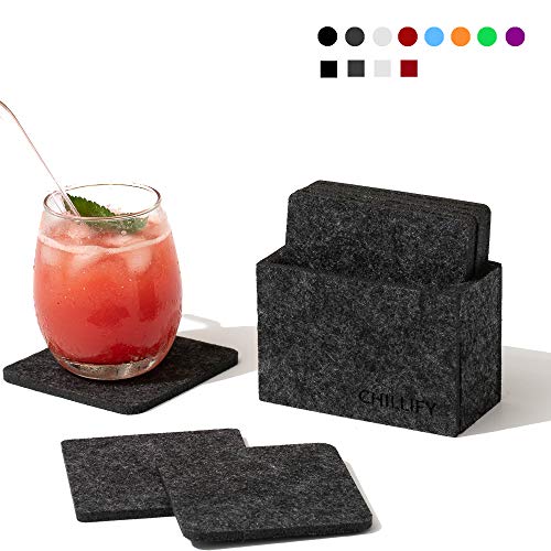 chillify – Juego de 8 Posavasos de diseño en Fieltro con Caja de Almacenamiento – Lavables, absorbentes, Antideslizantes y Resistentes al Calor – Protección de Mesa – Cuadrados, 10 x 10 cm, Negros