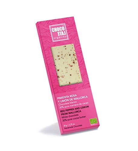 Chocolate Orgániko - Chocolate blanco 30% pura manteca de cacao, pimienta rosa y limón de Mallorca BIO 50 g - Caja de: 10 unidades
