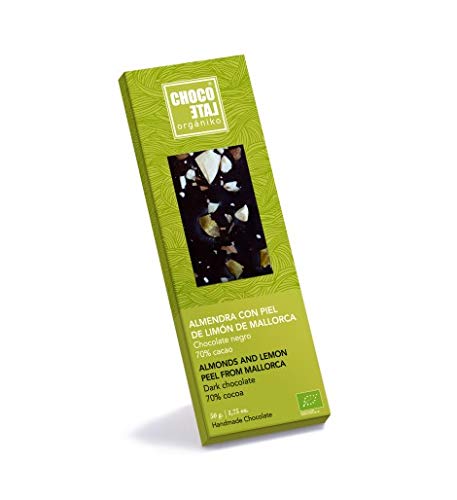 Chocolate Orgániko - Chocolate negro 70% cacao, almendra con piel de limón de Mallorca BIO 50 g - Caja de: 10 unidades