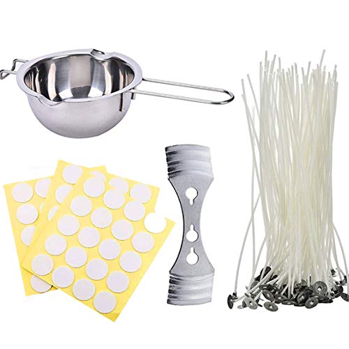 Chougui - Kit para hacer velas (incluye macetero doble, 100 mechas de vela preenceradas, 60 unidades de pegatinas para mecha con dispositivo de centrado de mecha