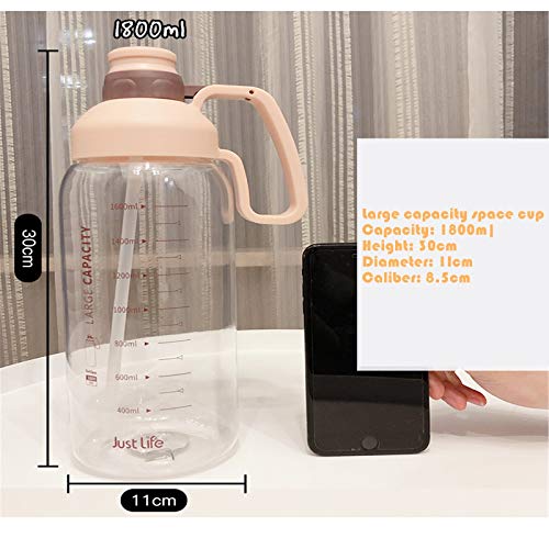 CHSDN conveniente deportes plástico taza de agua con escala 1.8L hembra gran capacidad paja vacío taza al aire libre rosa 1.8L