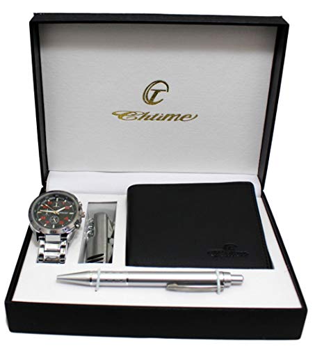 Chtime - Caja con reloj de hombre + cartera + bolígrafo + cuchillo de regalo