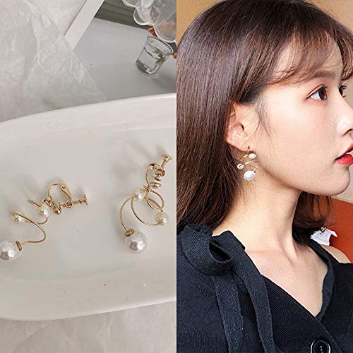 Chwewxi Temperamento Coreano Cara Larga Pendientes Delgados Amor Perla Dulce niña Retro Salvaje Pendientes Simples Pendientes Mujer, Verde E407 Modelos de Clip de Oreja