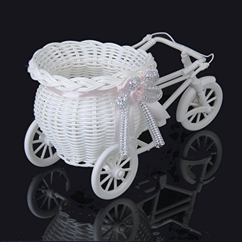 Cikuso Mimbre Hecho A Mano De La Flor De Tres Ruedas Canasta De La Bicicleta para La Decoracion De Almacenamiento Florero - Rosa Blanca