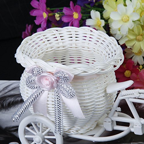 Cikuso Mimbre Hecho A Mano De La Flor De Tres Ruedas Canasta De La Bicicleta para La Decoracion De Almacenamiento Florero - Rosa Blanca