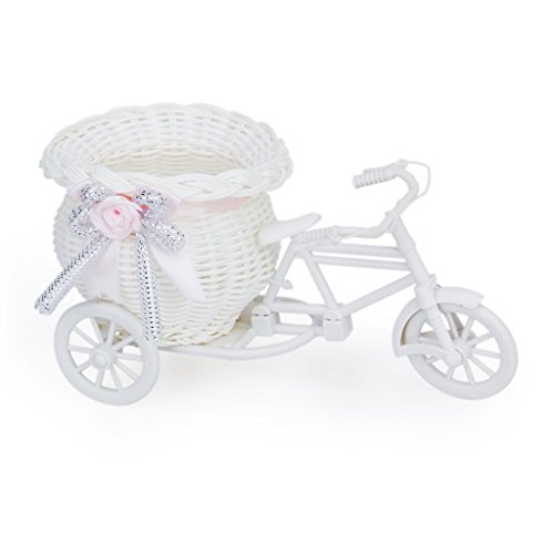 Cikuso Mimbre Hecho A Mano De La Flor De Tres Ruedas Canasta De La Bicicleta para La Decoracion De Almacenamiento Florero - Rosa Blanca