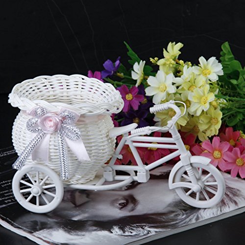 Cikuso Mimbre Hecho A Mano De La Flor De Tres Ruedas Canasta De La Bicicleta para La Decoracion De Almacenamiento Florero - Rosa Blanca