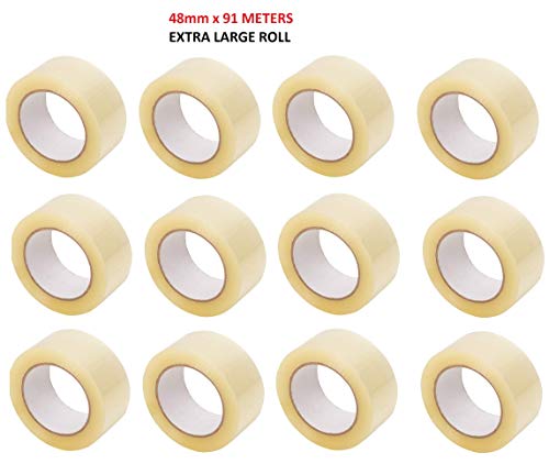 Cinta de embalaje transparente para paquetes y cajas pesadas, rollo fuerte y extra grande: 91 metros - 91 m x 48 mm por rollo para papel de regalo de alta resistencia, celofán, color transparente
