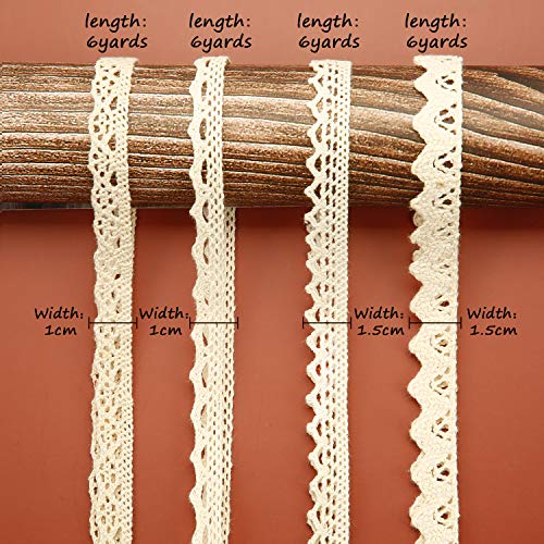 Cinta de Encaje de Algodón Beige Ribete de Encaje Vintage de Ganchillo Borde Festoneado Patrones Variados para Scrapbooking Envoltura Manualidades Costura Decoración, 7 Tipos, 6 Yardas Cada Rollo
