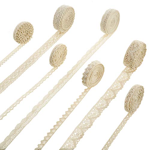 Cinta de Encaje de Algodón Beige Ribete de Encaje Vintage de Ganchillo Borde Festoneado Patrones Variados para Scrapbooking Envoltura Manualidades Costura Decoración, 7 Tipos, 6 Yardas Cada Rollo