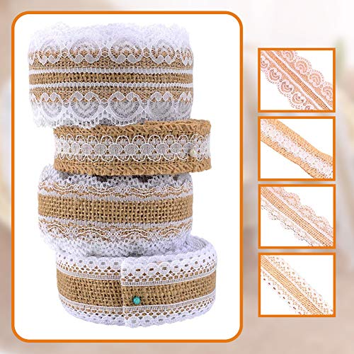 Cinta de encaje de arpillera blanca, rollo de cinta de arpillera natural con encaje para bodas Navidad manualidades regalos, puntillas de encaje vintage y cinta de arpillera en un rollo (4 pcs, 2 m)