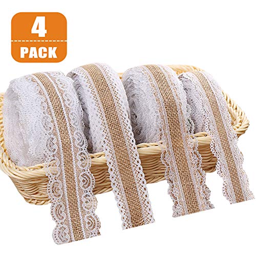 Cinta de encaje de arpillera blanca, rollo de cinta de arpillera natural con encaje para bodas Navidad manualidades regalos, puntillas de encaje vintage y cinta de arpillera en un rollo (4 pcs, 2 m)