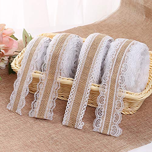 Cinta de encaje de arpillera blanca, rollo de cinta de arpillera natural con encaje para bodas Navidad manualidades regalos, puntillas de encaje vintage y cinta de arpillera en un rollo (4 pcs, 2 m)