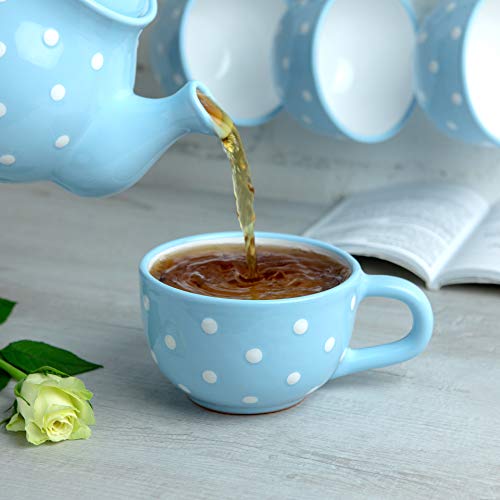 City to Cottage® Light Sky Blue and White | Polka Dot Spotty | Diseñador pintado a mano | Cerámica única extra grande 16 oz/500 ml | Capuchino café sopa té tazas con mango | Regalo