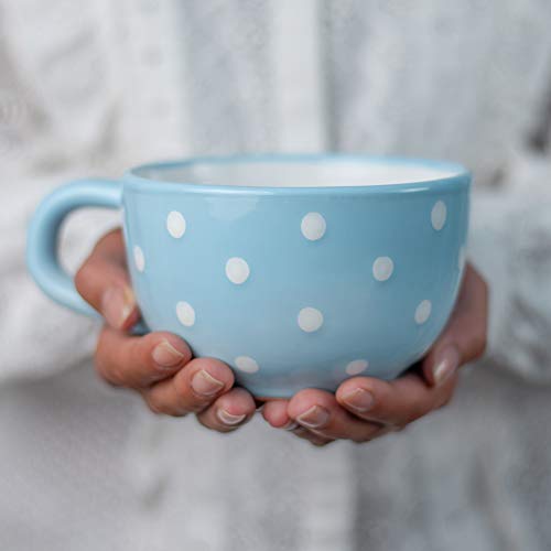 City to Cottage® Light Sky Blue and White | Polka Dot Spotty | Diseñador pintado a mano | Cerámica única extra grande 16 oz/500 ml | Capuchino café sopa té tazas con mango | Regalo