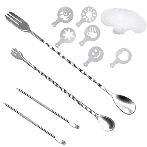 CKANDAY Juego de 36 piezas para hacer café y manualidades,32 plantillas para decoración de café + 2 rotuladores de leche +2 unidades de cuchara de mezclar con patrón de espiral,2 en 1,tarta de mousse