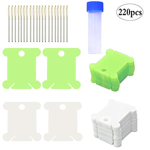 CKANDAY Paquete de 200 Tarjetas organizadoras de Hilo de Bordar, 20 Agujas de Punto de Cruz, Paquete de Tubo, Organizador de bobinas de Hilo de plástico, Soporte de Hilo DMC, Color Blanco y Verde