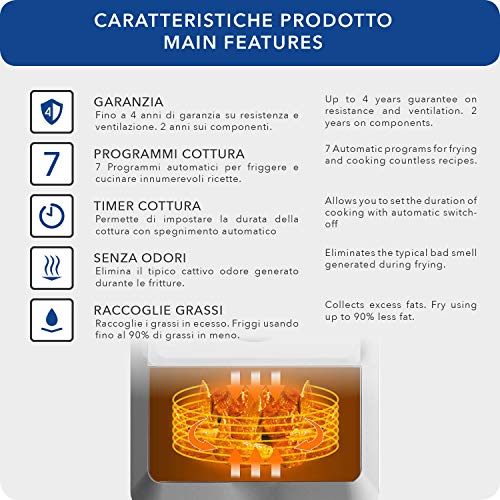 Clase Italia 70800354 Vivo Air Fryer 1400W aceite, 7 programas y LED Touch Screen, freidora de aire para 4-5 personas, con 3 accesorios extra incluidos, sin BPA PFOA, 1400 W, 3,2 litros, antiadherente