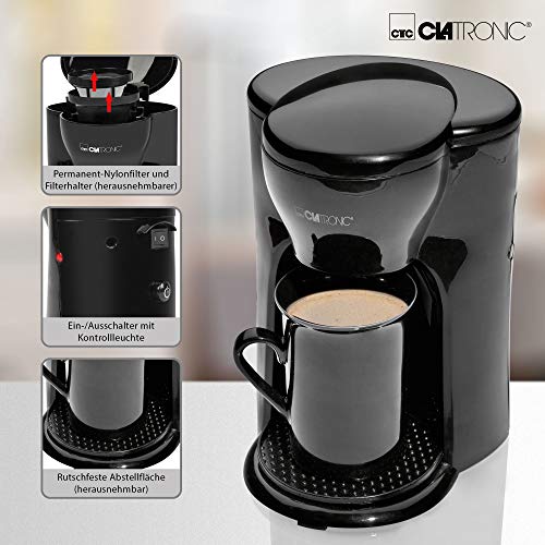 Clatronic KA 3356 Cafetera eléctrica pequeña de goteo automática, capacidad de 1 taza café, 300 W, 1 Cups, plástico, Negro