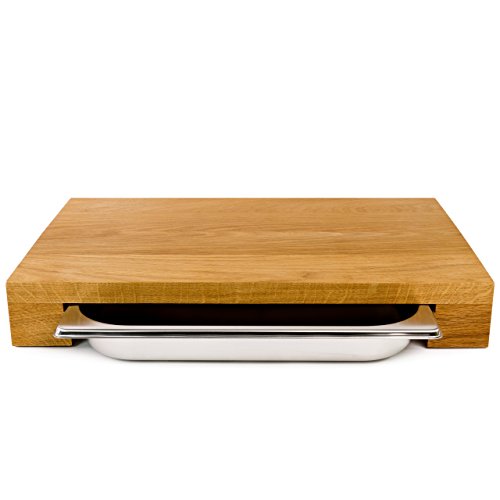 cleenbo - tabla de corte "Cube Oak" tabla de cocina de madera de roble con bandeja de goteo de acero inoxidable Gastronorm, dimensiones: 43 x 29 x 7 cm