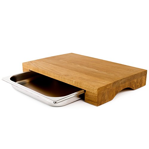 cleenbo - tabla de corte "Cube Oak" tabla de cocina de madera de roble con bandeja de goteo de acero inoxidable Gastronorm, dimensiones: 43 x 29 x 7 cm