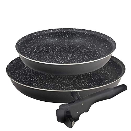 Click & Cook - Los originales! Juego de 3 piezas de alta calidad para ahorrar espacio Sartenes antiadherentes de piedra de lava negra con mango extraíble Placa de gas, horno y juego de inducción