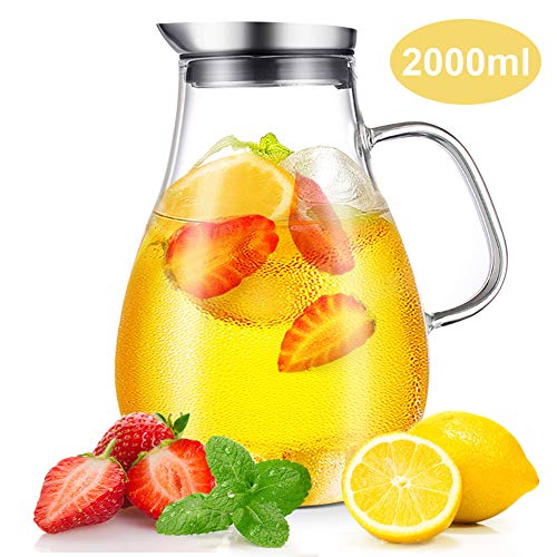 CNNIK Jarras de Cristal, 2L Jarras para Agua, Botella de Cristal y Tapa Acero Inoxidable, Jarra Agua para Bebidas Calientes/Frías