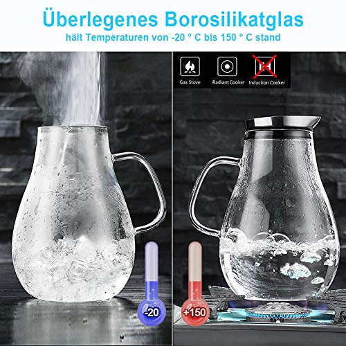 CNNIK Jarras de Cristal, 2L Jarras para Agua, Botella de Cristal y Tapa Acero Inoxidable, Jarra Agua para Bebidas Calientes/Frías