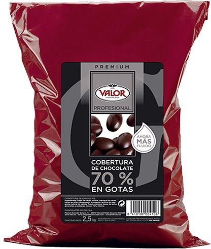 Cobertura de Chocolate 70% en Gotas - Valor. Pack 2,5 Kg